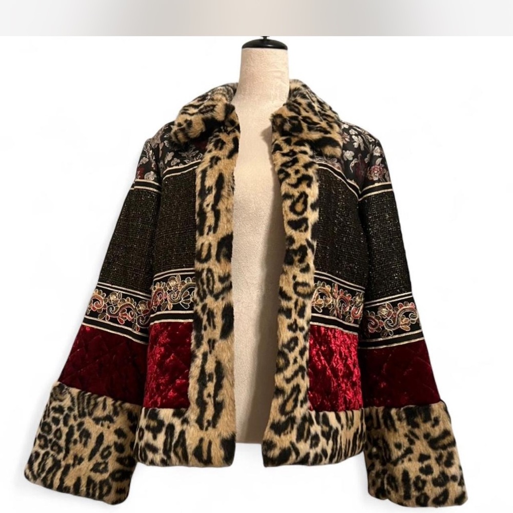 Boston Proper Leopard and Red Velvet Teddy Jacket - Picture 1 of 10